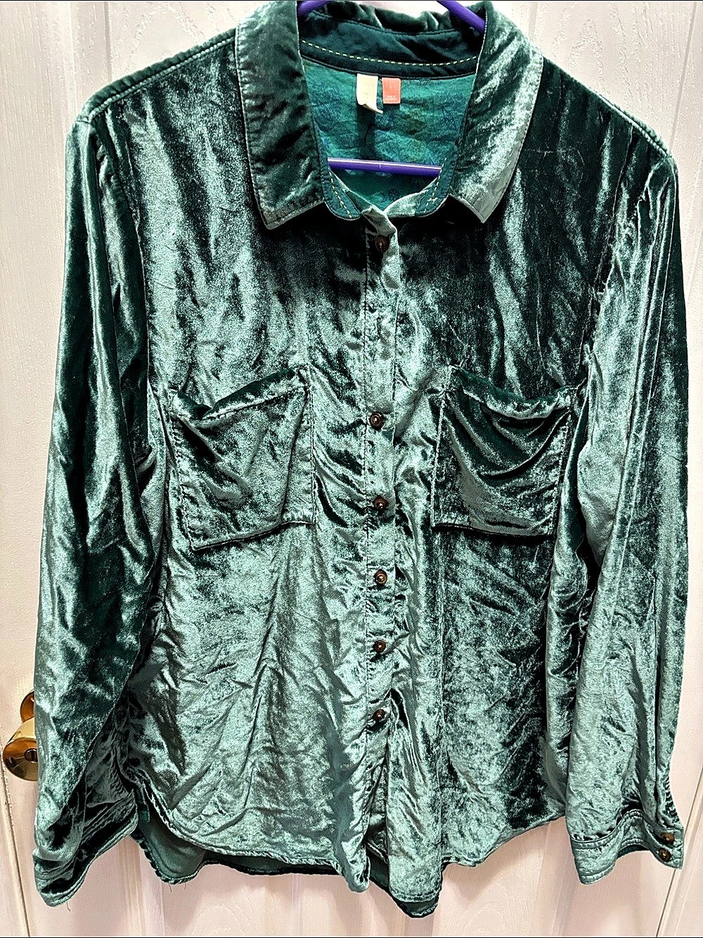 Anthropologie Velvet Button Down Shirt in Green Large Like New